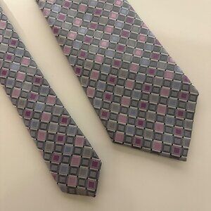 Kenneth Cole Silk Extra Long Tie Gray Pink Geometric Mens Necktie Office Formal
